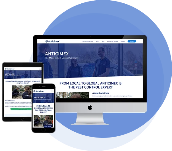 Anticimex website design mockup displayed across desktop, tablet, and smartphone devices.